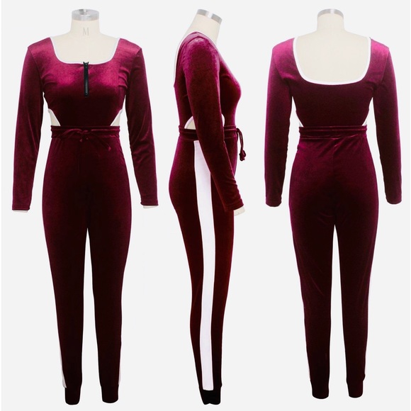 High Waist Long Sleeve Cut Out Velvet Jumpsuit - Picture 2 of 5